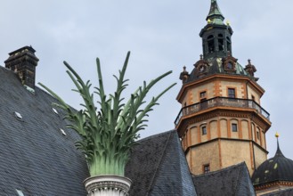 Tower of the Nikolai Church and top of the Nikolai Column, Leipzig, Saxony, Germany