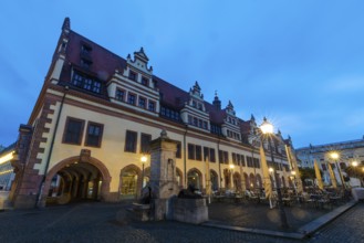 City History Museum, Old Town Hall, Lion Fountain, Blue Hour, Leipzig, Saxony, Germany