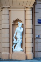 Hermes statue on the corner of the Romanus House, Brühl, Leipzig, Saxony, Germany