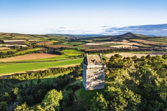 Fatlips Castle from a drone, Minto Crags, River Teviot, Roxburghshire, Scottish Borders, Scotland,