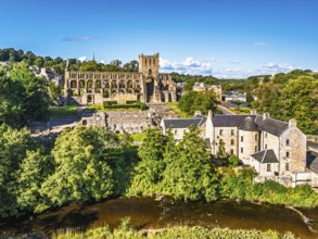 Jedburgh Abbey from a drone, Augustinian Abbey, Jedburgh, Scottish Borders, Scotland, UK