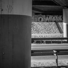 Concrete bridge with graffito in Münsingen on the Swabian Alb, Baden-Württemberg, Germany, for