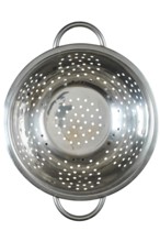 Top view of empty stainless steel colander isolated on white background