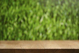 A simple wooden table stands in front of a softly blurred lush green grass background. The scene