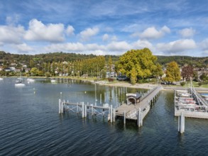 Aerial view of the village of Wangen on the Höri peninsula with boat moorings and jetty on the