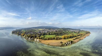 Aerial view, panorama of the Höri peninsula with the headland, called Hornspitze, nature reserve,
