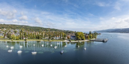 Aerial view, panorama of the village of Wangen on the Höri peninsula with boat moorings and jetty