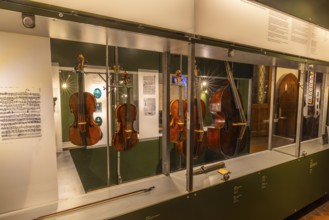 Displayed instruments in the Petzoldt sacristy in St Thomas' Church, Leipzig, Saxony, Germany