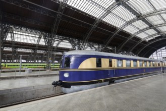 Riveted iron framework in the main railway station, historic train of the Deutsche Reichsbahn,