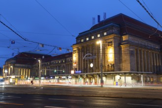 Street and tram tracks in front of the main station, tracers, blue hour, main station, Leipzig,