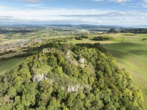 Aerial view of the Hegau volcano and the Mägdeberg castle ruins, with the Hohenkrähen and Lake