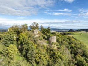 Aerial view of the Hegau volcano and the Mägdeberg castle ruins, with the Hohenkrähen on the