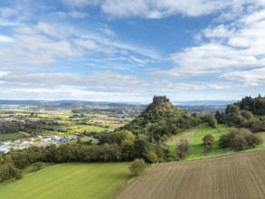 Aerial view of the Hegau volcano and the Hohenkrähen castle ruins, Lake Constance on the horizon,