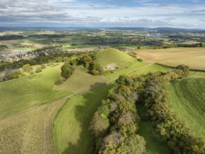 Aerial view of the volcanically characterised Hegau landscape on western Lake Constance, Hegau,