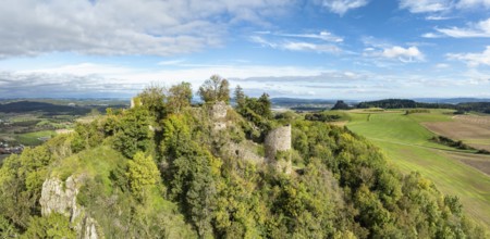 Aerial view, panorama of the Hegau volcano and the Mägdeberg castle ruins, with the Hohenkrähen on