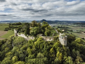 Aerial view of the Hegau volcano and the Mägdeberg castle ruins, with Hohenhewen on the horizon,