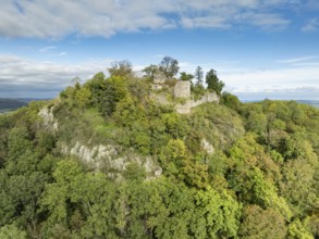 Aerial view of the Hegau volcano and the Mägdeberg castle ruins, district of Constance,