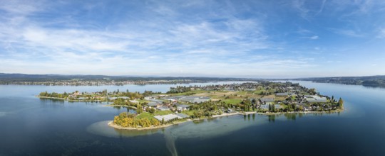 Aerial view, panorama of the island of Reichenau in Lake Constance, district of Constance,