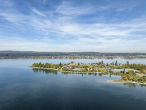 Aerial view of the north-western tip of the island of Reichenau in Lake Constance, with the