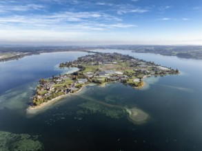 Aerial view of the north-western tip of the island of Reichenau in Lake Constance, with the