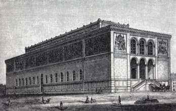 Neue Pinakothek in Munich, historical book illustration, wood engraving
