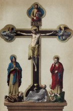 Crucifixion group from Wechselburg Abbey in Saxony, historical book illustration, colour lithograph