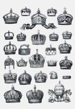 Plate with crowns of emperors, kings, princes, dukes and pope, historical book illustration, steel