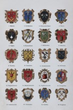 Colour plate guild signs, old symbols for trades, historical book illustration, colour lithograph