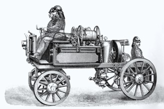 Fire engine with firemen around 1900, historical book illustration, wood engraving