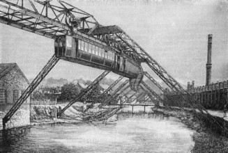Wuppertal suspension railway, view around 1900, historical book illustration, wood engraving