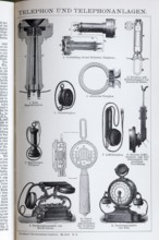 Encyclopaedia page with 19th century telephones and telephone systems, telephone technology,