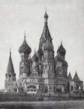 St Basil's Cathedral in Moscow, historical book illustration, wood engraving