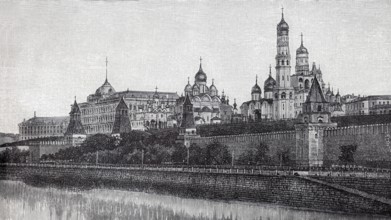 Kremlin in Moscow, south-east view with cathedrals and bell tower, historical book illustration,