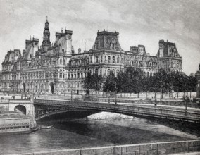 Hotel de Ville and Ponte d, ' Arcole in Paris, historical view, steel engraving, Brockhaus
