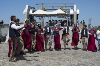 Group performing traditional dance in public, folklore, Tatev, Tatev, Syunik province, Syunik,