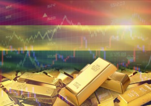 Gold bars on Bolivia flag in background. Gold bars stacked on Bolivian flag. Concept of Bolivia