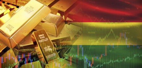 Gold bars stacked on Bolivian flag. Bolivia gold reserves, Concept