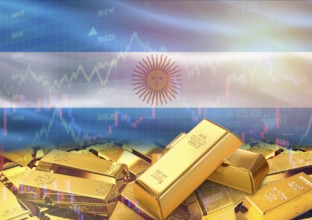 Gold bars on Argentina flag in background. Gold bars stacked on Argentinian flag. Concept of
