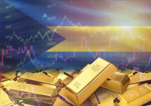 Gold bars on Bahamas flag in background. Gold bars stacked on Bahamian flag. Concept of Bahamas