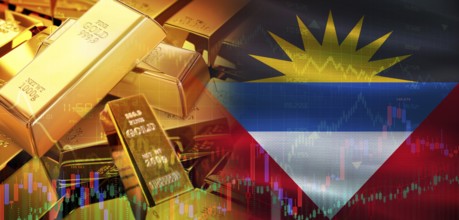 Gold bars stacked on Antiguan flag. Antigua and Barbuda gold reserves, Concept