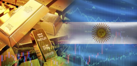 Gold bars stacked on Argentinian flag. Argentina gold reserves, Concept