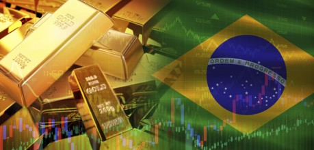 Gold bars stacked on Brazilian flag. Brazil gold reserves, Concept