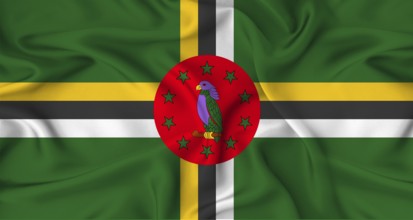 Realistic Dominica flag waving. Close up of flag of Dominica with cloth texture