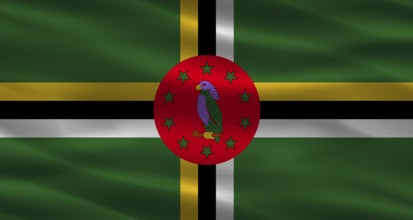 Dominica flag with fabric texture. Realistic flag of Dominica waving