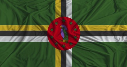 Dominican flag with fabric texture background. National flag of Dominica