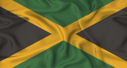 Realistic Jamaica flag waving. Close up of flag of Jamaica with cloth texture