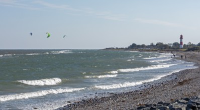 Lighthouse, beach, Baltic Sea, people, kitesurfer, Falshöft, Pommerby, Schleswig-Holstein, Germany