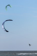 Kitesurfer jumping, Baltic Sea, Falshöft, Pommerby, Schleswig-Holstein, Germany