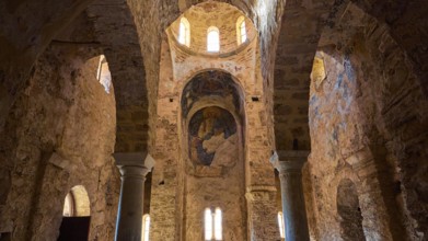 Church of Agia Sophia from the 14th century AD, interior of an old church with round arches and
