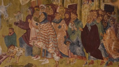 Pantanassa Monastery from the 15th century AD, A fresco shows a religious scene with figures in